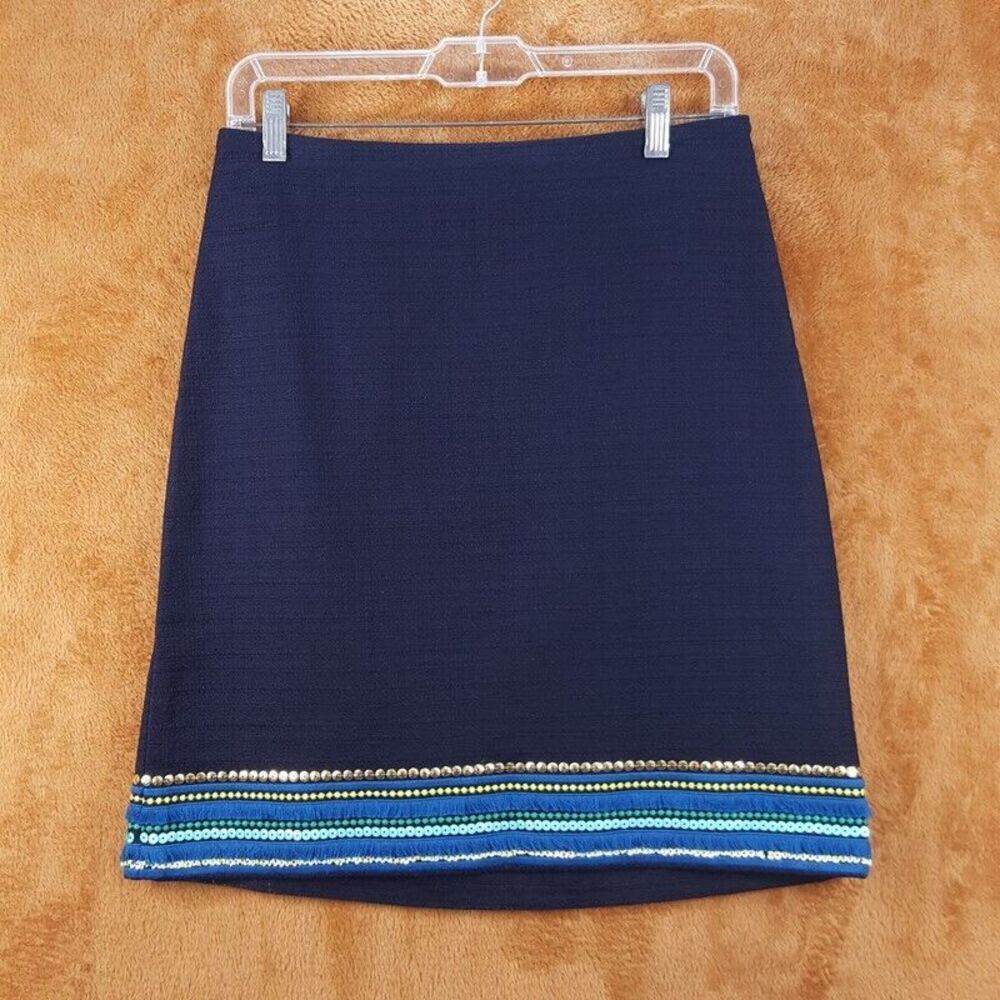 TALBOTS Womens Skirt Size 4 Blue Tweed Straight Lined Frayed Sequins Hem Cotton